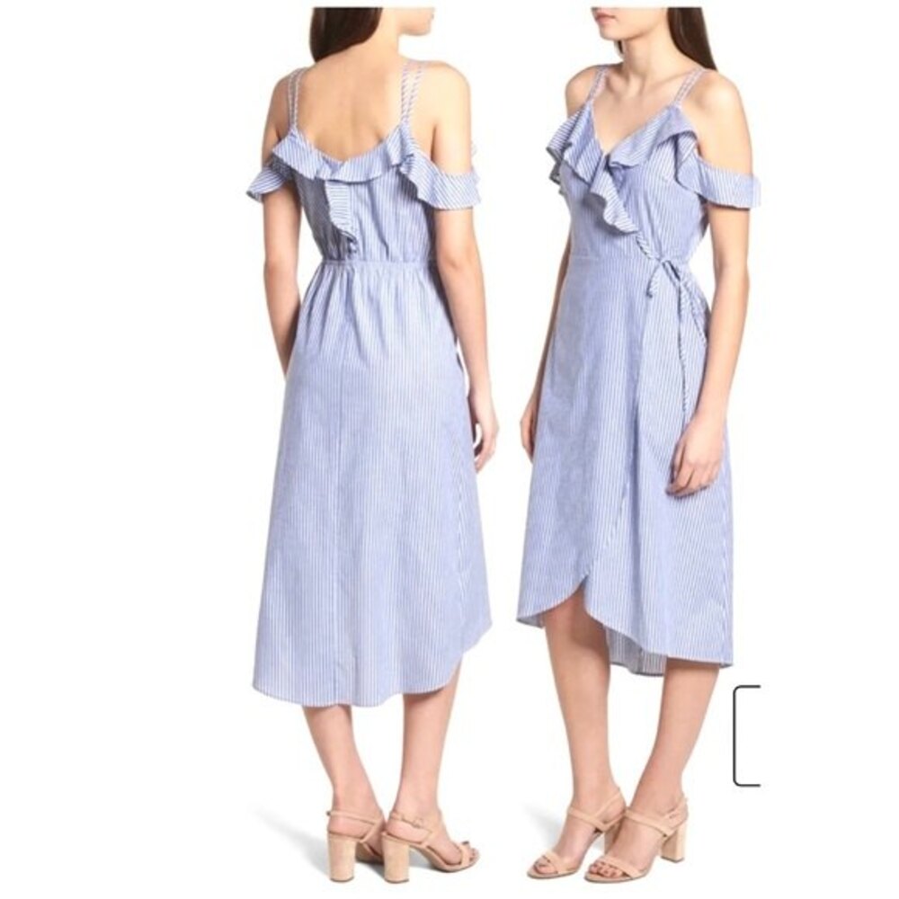 BP Stripe Ruffle Wrap Midi Dress in Blue and White S